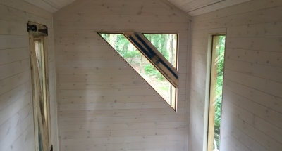 Bluebell House Treehouse Internal View Angular Windows Pallet Door Skirting
