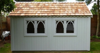 Vogue Building Bespoke Painswick Grey Gothic Garden Shed Shingle Roof